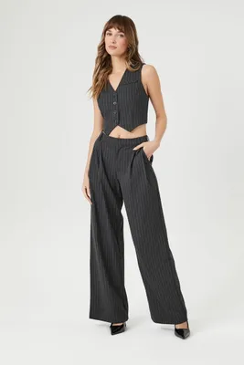 Women's Pinstriped High-Rise Trouser Pants in Grey Large