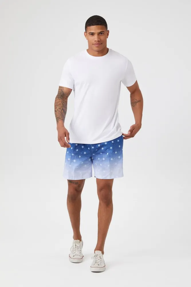 Men Gradient Star Print Swim Trunks in Blue Large