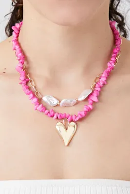 Women's Layered Faux Pearl Heart Necklace in Gold/Pink