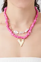 Women's Layered Faux Pearl Heart Necklace in Gold/Pink