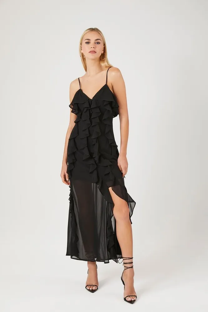 Women's Chiffon Ruffle Maxi Dress in Black Medium