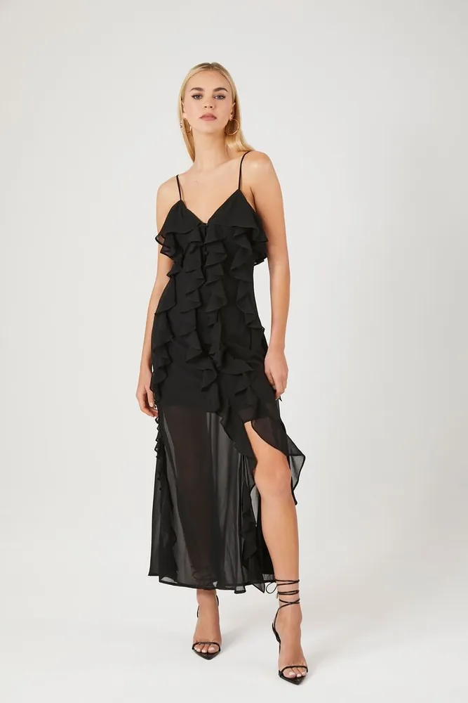 Women's Chiffon Ruffle Maxi Dress Black