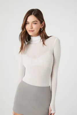 Women's Sheer Mesh Mock Neck Bodysuit in White Medium
