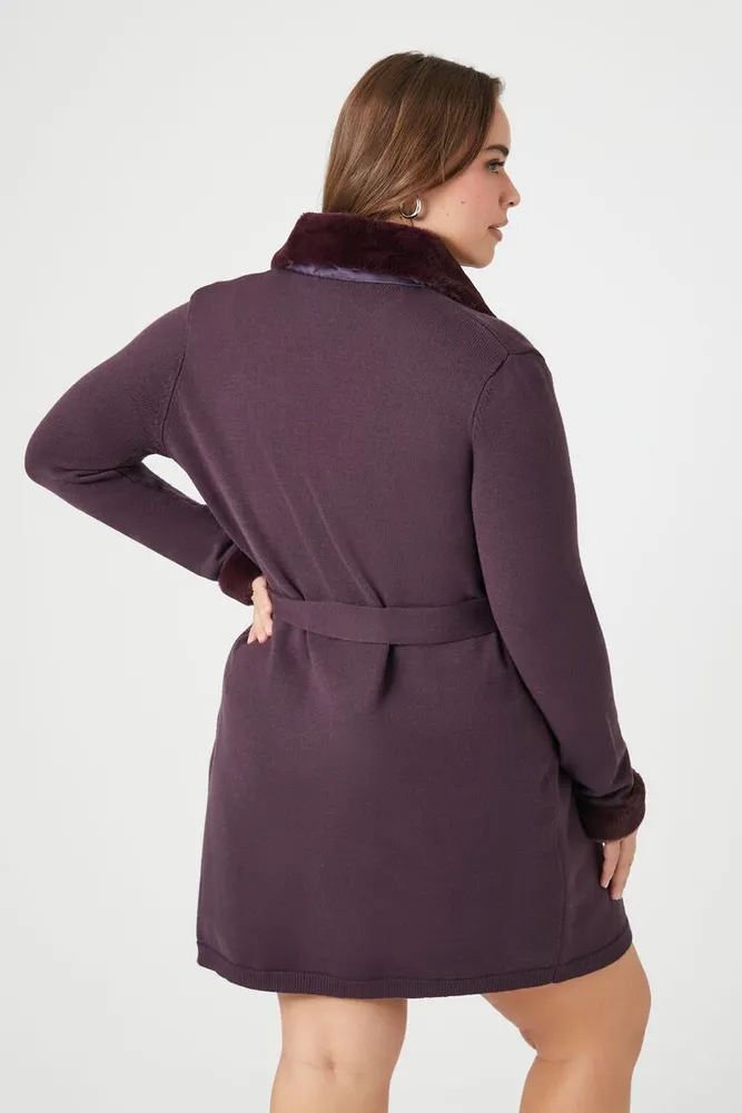 Women's Faux Fur-Trim Cardigan Sweater Eggplant,