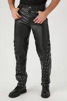 Men Slim-Fit Faux Leather Lace-Up Pants in Black, 33