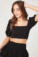 Women's Smocked Floral Eyelet Crop Top