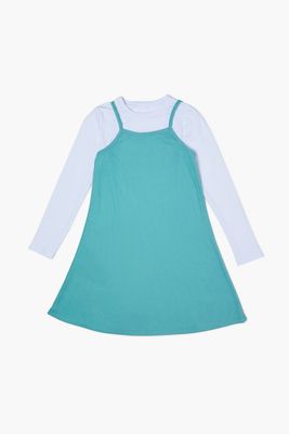 Girls Long-Sleeve Combo Dress (Kids) in Teal/White, 13/14