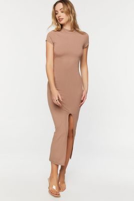 Women's Mock Neck Short-Sleeve Slit Maxi Dress in Taupe Small