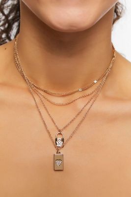 Women's Layered Rhinestone Lock & Pendant Necklace in Gold