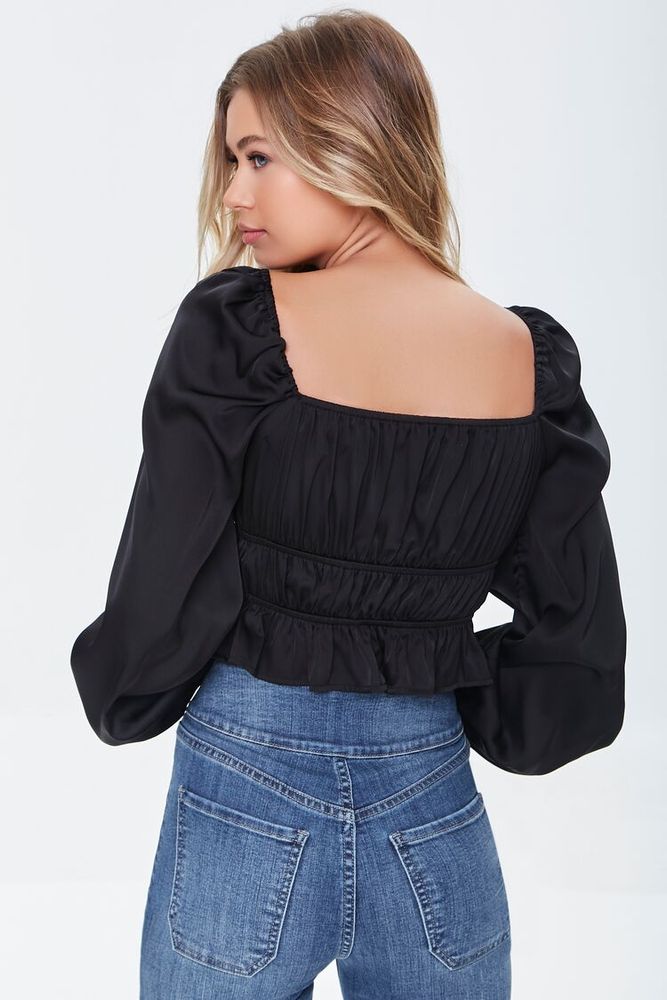 Women's Satin Ruffle-Hem Crop Top in Black Small