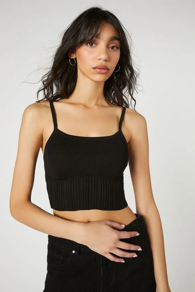 Forever 21 Women's Cropped Rib-Knit Cami in Black Large