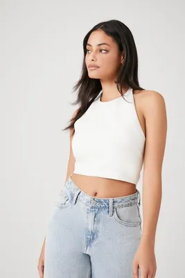 Women's Twill Halter Crop Top in White, XL