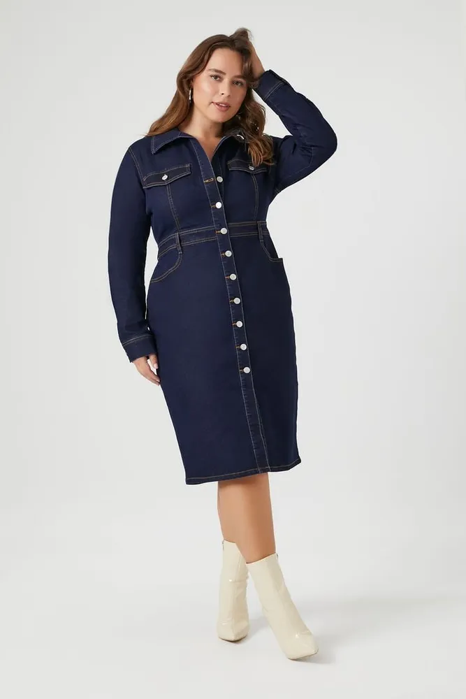 Women's Denim Midi Shirt Dress in Dark Denim, 3X