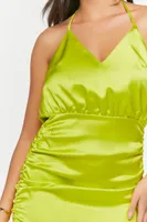 Women's Satin Ruched Halter Mini Dress in Acid Green Medium