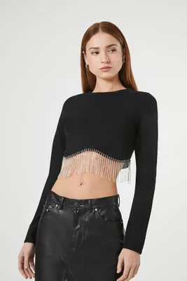 Women's Rhinestone-Fringe Crop Top in Black, XL