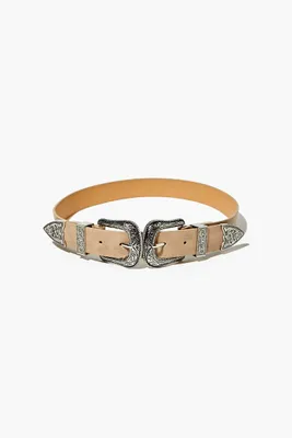 Faux Leather Dual Buckle Western Belt in Beige/Silver, S/M