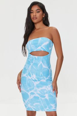 Women's Water Print Cutout Tube Dress in Blue Small