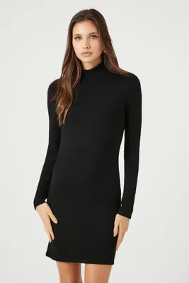 Women's Ribbed Mock Neck Mini Dress in Black Small