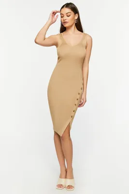 Women's Ribbed Asymmetrical-Button Midi Dress in Taupe, XL