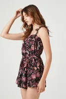 Women's Floral Print Tie-Front Romper in Black Medium