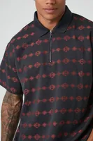 Men Geo Print Quarter-Zip Shirt in Black/Red Small