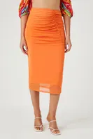 Women's Mesh Ruched Midi Skirt in Orange Medium