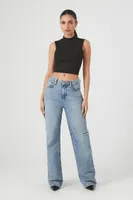 Women's Ribbed Knit Cutout Tie-Back Crop Top