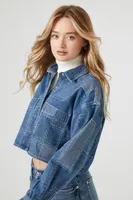 Women's Cropped Patchwork Denim Jacket in Medium Denim