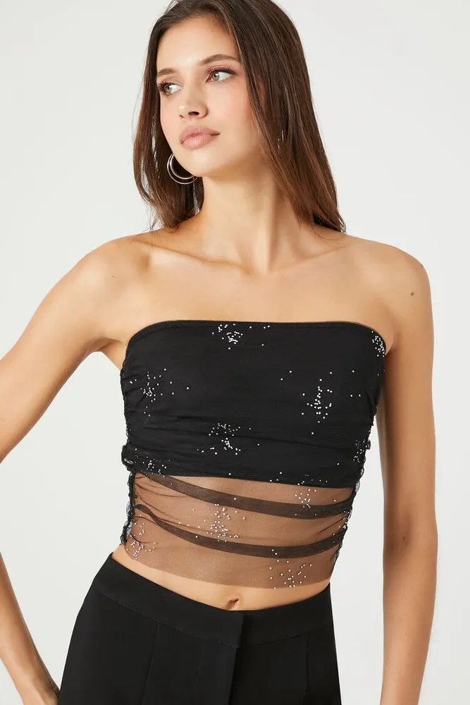 Women's Sequin Mesh Tube Top in Black, XL