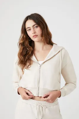 Women's Cropped Zip-Up Hoodie in Oatmeal Large