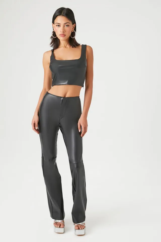 Faux Leather Mid-Rise Flare Pants