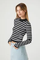 Women's Seamless Striped Crop Top in Black/White Large