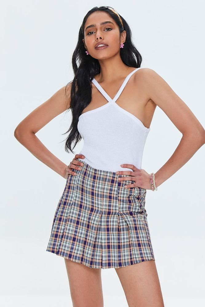 Women's Plaid Cotton-Blend Skort in Navy Large