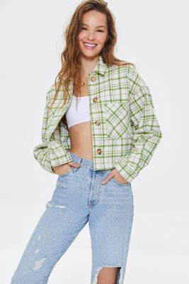 Women's Plaid Button-Front Shacket in Lime/Ivory Large