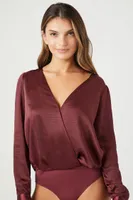 Women's Satin Surplice Bodysuit in Wine Medium