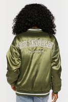 Women's Satin Embroidered Bomber Jacket in Olive/White Medium