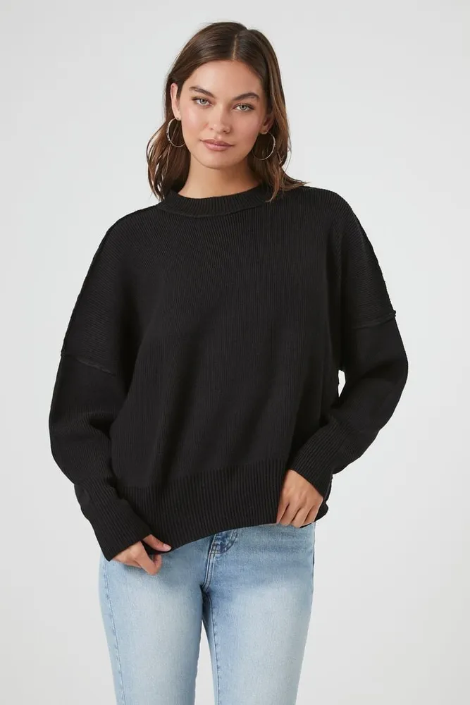 Women's Ribbed Drop-Sleeve Sweater in Black, XL