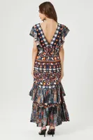 Women's Ornate Floral Tiered Ruffle Maxi Dress in Blue/Orange Small