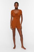 Women's Ruched Drawstring Lounge Romper in Root Beer Large