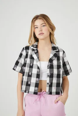 Women's Flower Embroidered Plaid Shirt in White/Black Medium