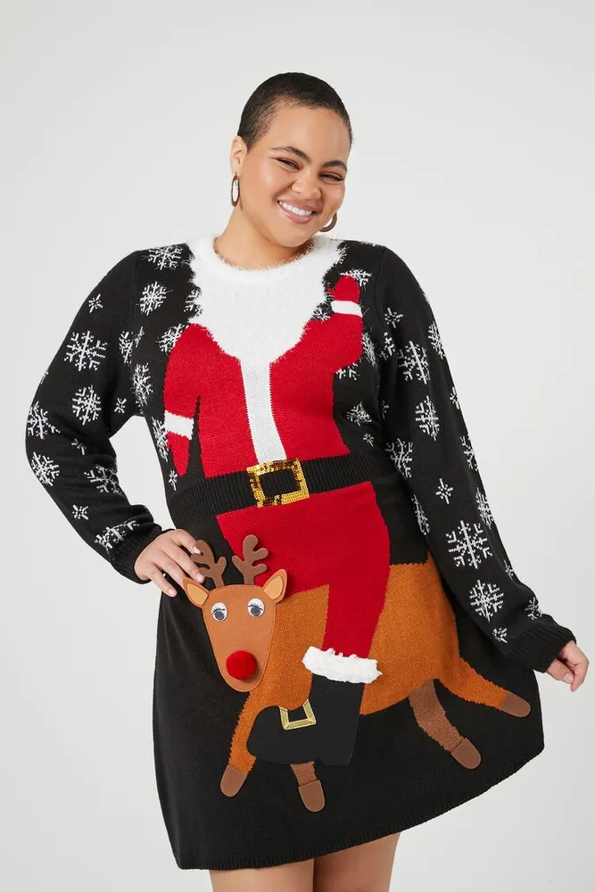 Women's Santa & Reindeer Sweater Dress Black,