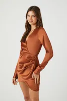 Women's Satin Surplice Tulip-Hem Mini Dress in Chestnut Medium