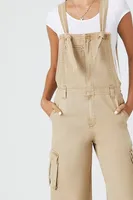 Women's Canvas Cargo Wide-Leg Overalls in Tan Small