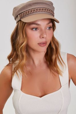 Women Curb Chain Cabbie Hat in Taupe/Beige, S/M