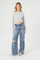 Women's Acid Wash Distressed Baggy Jeans Medium Denim,