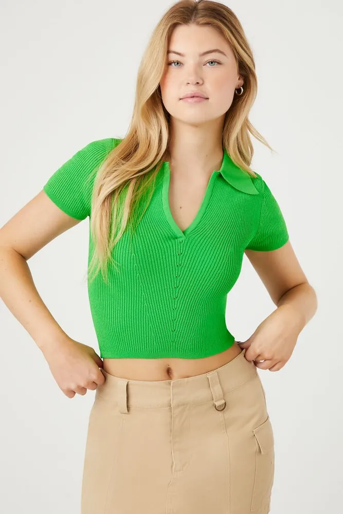 Women's Sweater-Knit Crop Top in Green Small