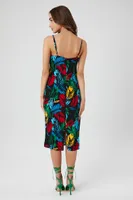 Women's Tropical Leaf Print Midi Dress Black