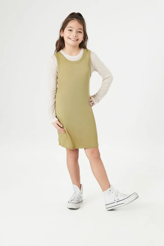 Girls Long-Sleeve Combo Dress (Kids) in Olive, 5/6