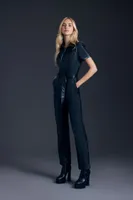 Women's Faux Leather Tie-Waist Jumpsuit in Black, XS