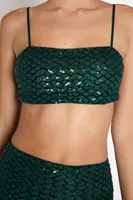 Women's Sequin Cropped Cami & Midi Skirt Set in Hunter Green Large